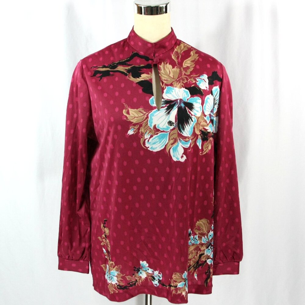 Vintage Trissi Floral Polka Dot Keyhole Mandarin Collar Tunic Blouse Top M 1970s